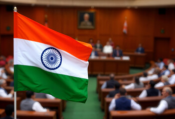 A vibrant Indian flag displayed prominently in a blurred parliament setting, suggesting a session in progress with numerous representatives seated. The image conveys national pride and democratic proc