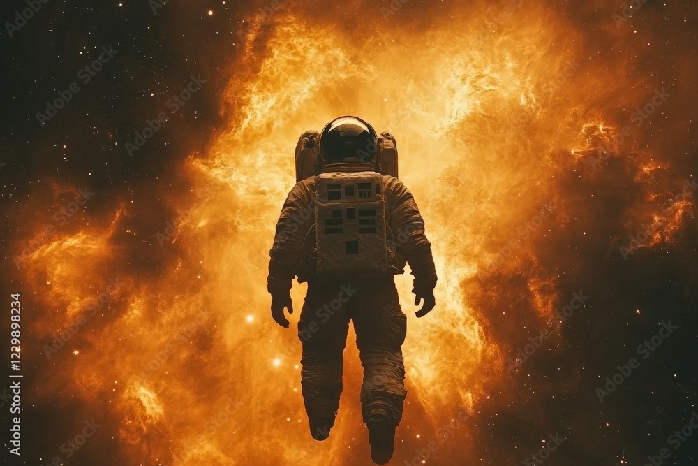 Poster astronaut floats through a vibrant cosmic explosion in deep space during an extraordinary journey of