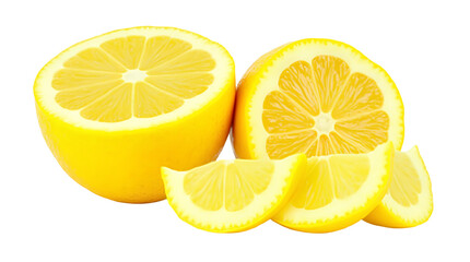 Ripe lemon fruit, halved and sliced, isolated on a transparent PNG background. Fresh and juicy cut-out lemon.