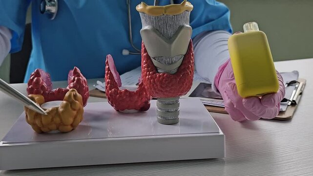 Smoking and thyroid disease. Smoking, e-cigarettes and the thyroid gland. Doctor holding cigarettes and the thyroid gland 