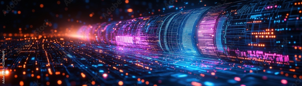 Poster futuristic tunnel illuminated with neon lights against a dark background creating a vibrant atmosphe