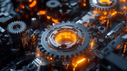Detailed close up of intricate gears with luminous orange accents in a mechanical environment