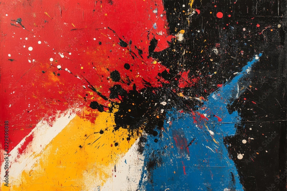 Poster colorful abstract painting with dynamic splashes in red, blue, yellow, and black on a textured canva