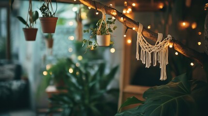 Cozy indoor garden with hanging plants, lights, and macrame.