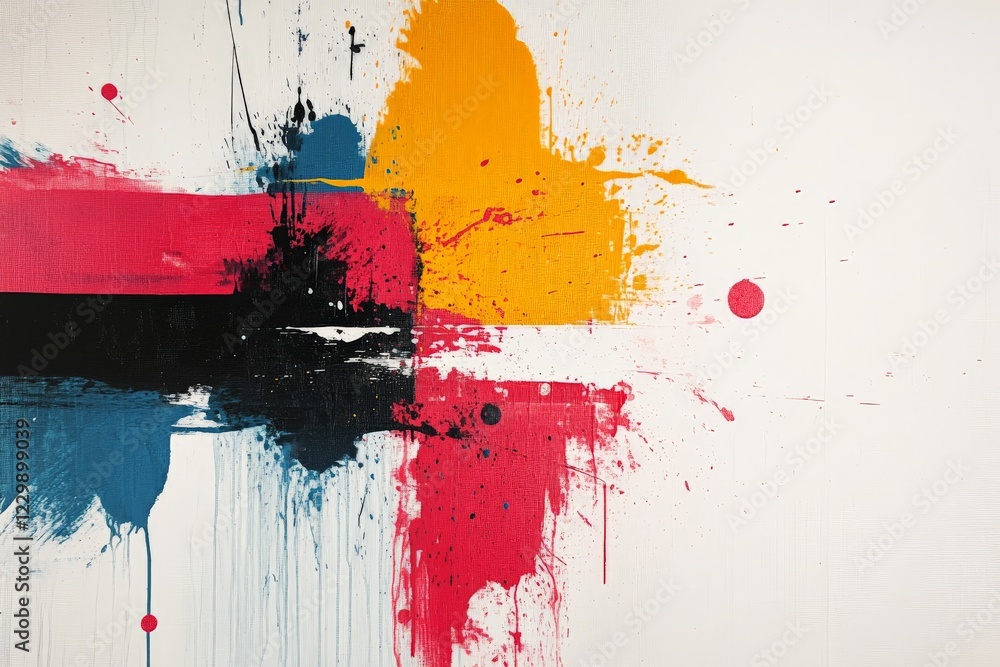 Poster bright abstract art piece with bold colors and dynamic brush strokes on canvas