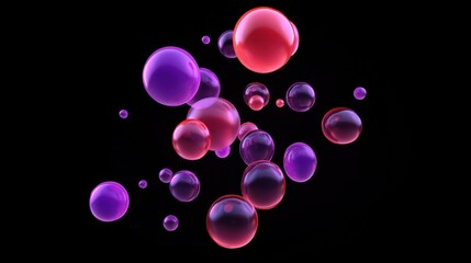 Floating red and purple spheres on black background for design, or abstract art