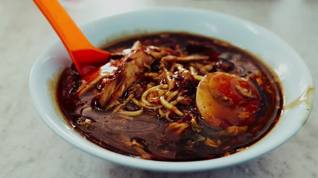 Close up of a bowl of  "lor mee" or noddles in thick soya sauce gravy. It is a hokkien noodle dish sold by hawkers and popular in Malaysia and Singapore