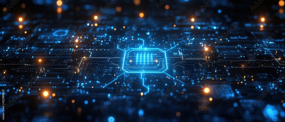 Poster detailed view of a circuit board with a prominent central integrated circuit component