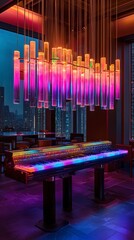 Illuminated Piano in Modern Lounge with Colorful Chandelier and City View