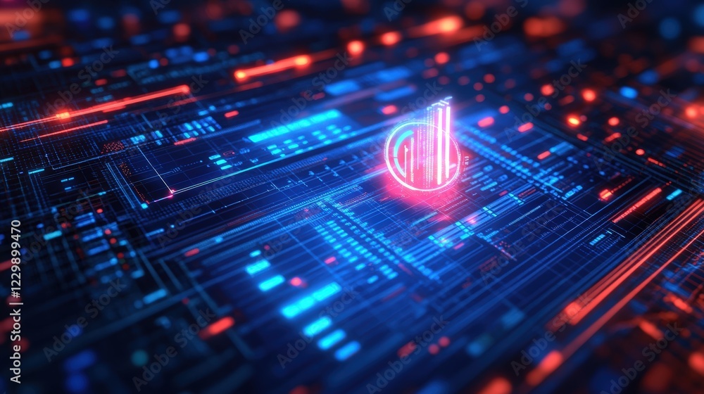Poster digital circuit board with illuminated red light indicating power or activity status