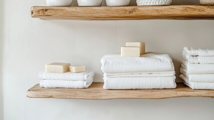 Towels and Soaps on a Wooden Shelf