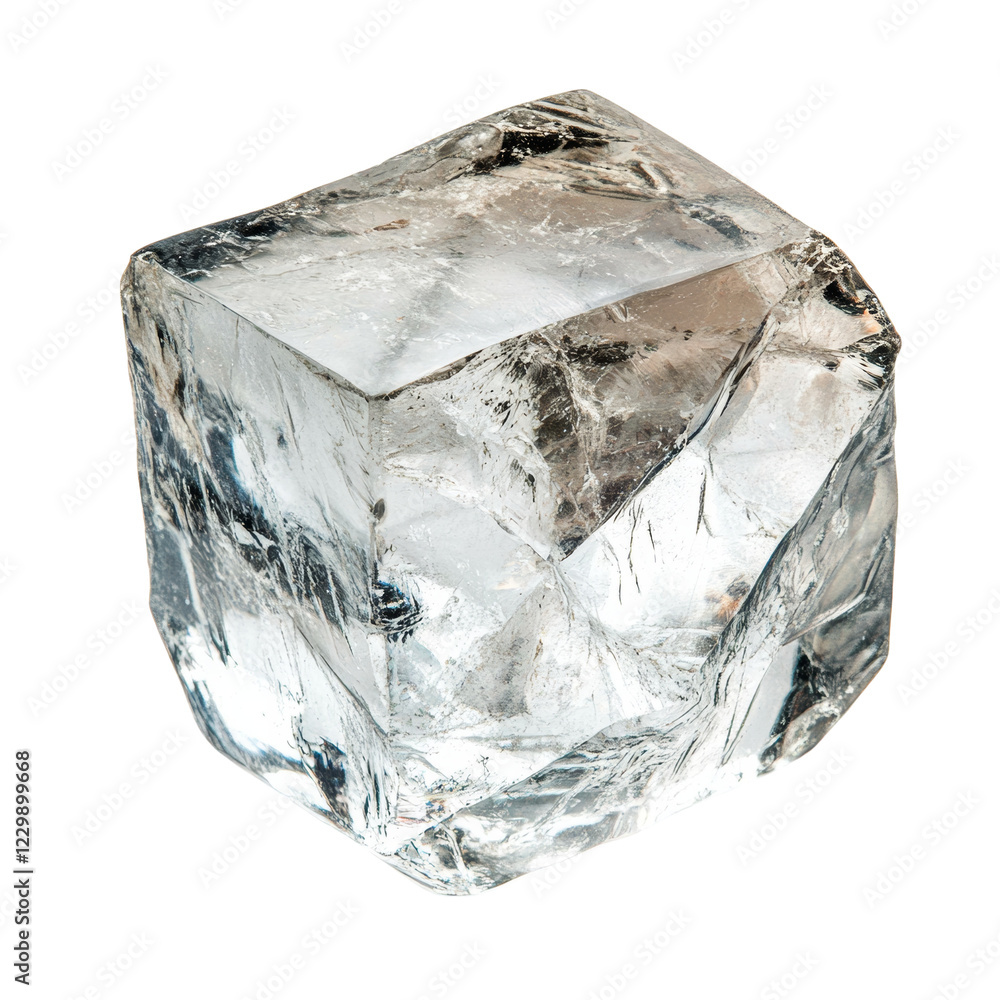 Poster a single large ice cube is shown with internal fractures and irregularities against a black backgrou