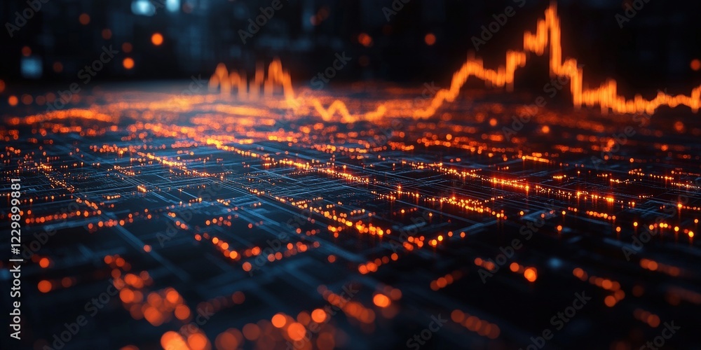 Poster close up view of a computer circuit board with numerous orange led lights glowing brightly