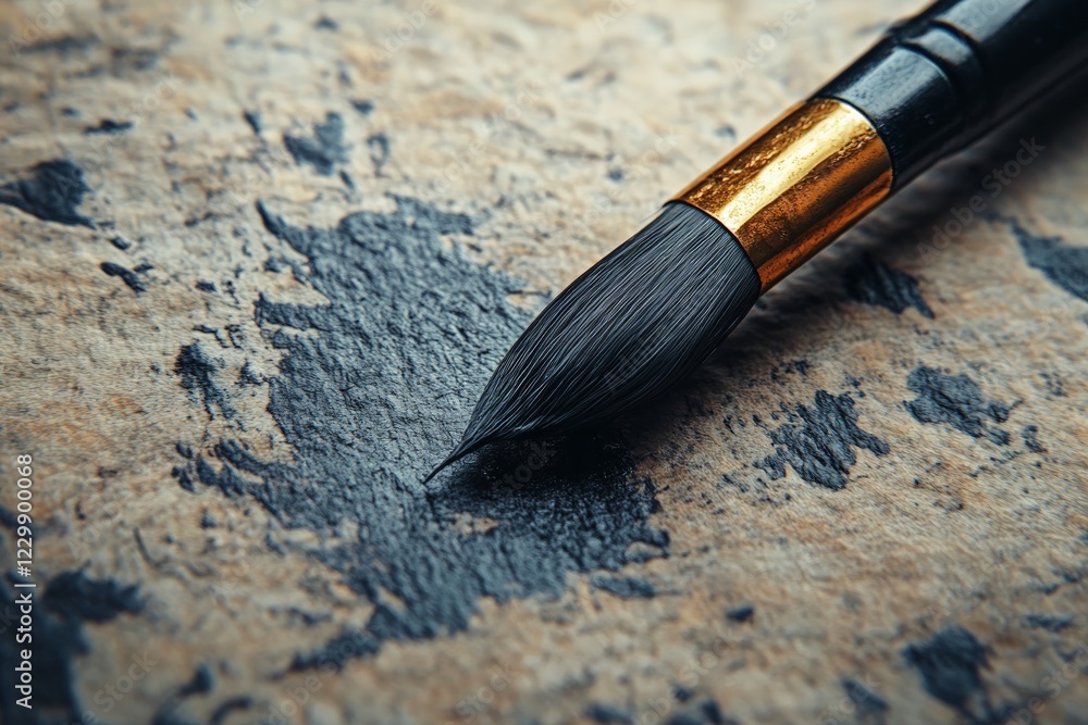 Poster Close-up view of a brush applying black paint on textured paper in a creative studio setting