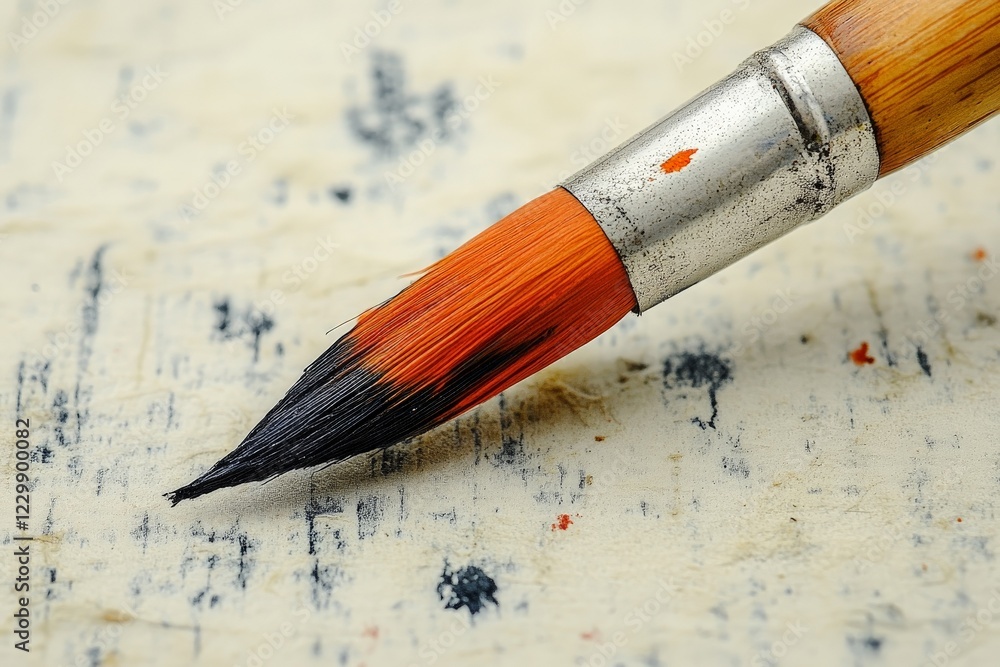 Poster paintbrush with vibrant bristles and distinct texture resting on a textured surface
