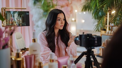 A beauty influencer filming a tutorial surrounded by luxury products. picture