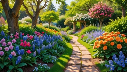 A scenic path through a blooming garden in spring..