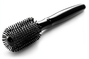 Black round hairbrush on a white background showcasing modern styling tools for hair care