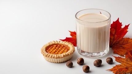 Chai tea latte served in a transparent glass, paired with a mini pumpkin pie, surrounded by acorns and colorful autumn leaves