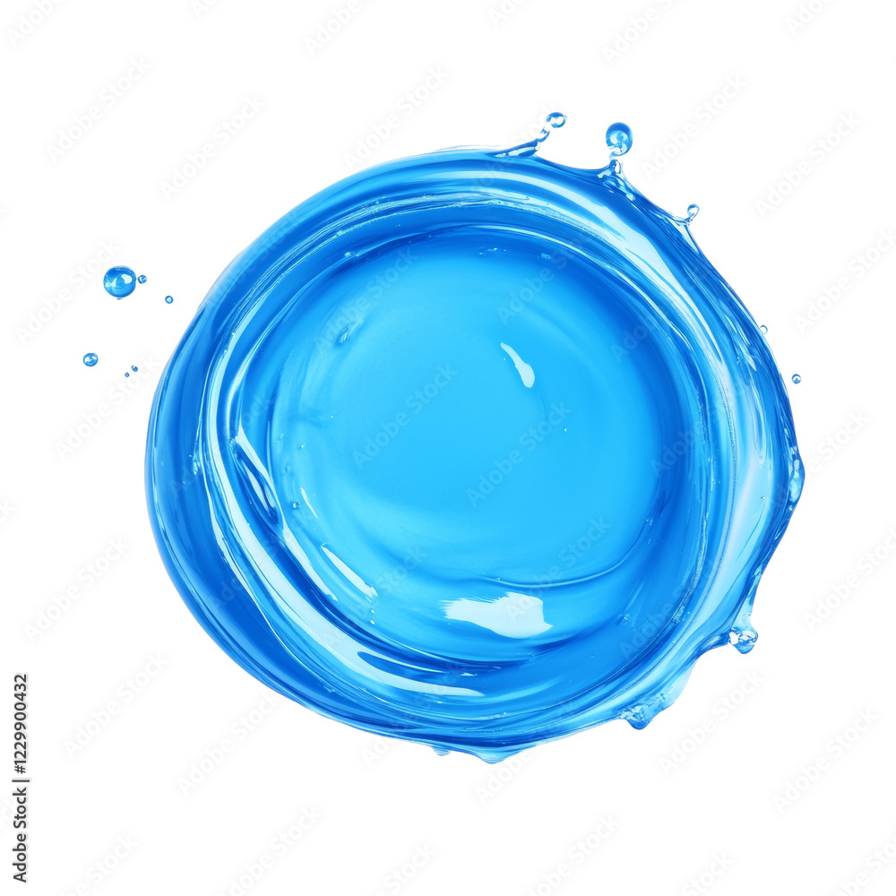 Poster a circular splash of vibrant blue liquid with dynamic motion and small droplets surrounding it again