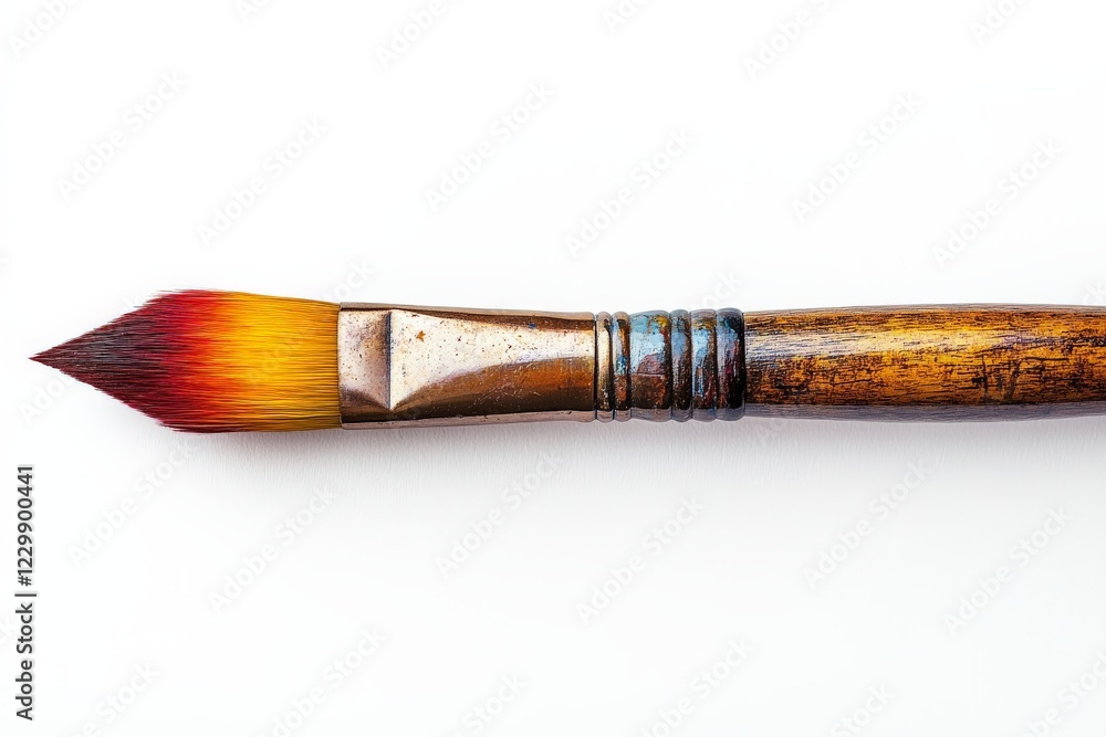 Poster Vibrant paintbrush resting on a clean surface showcasing color gradient from red to yellow