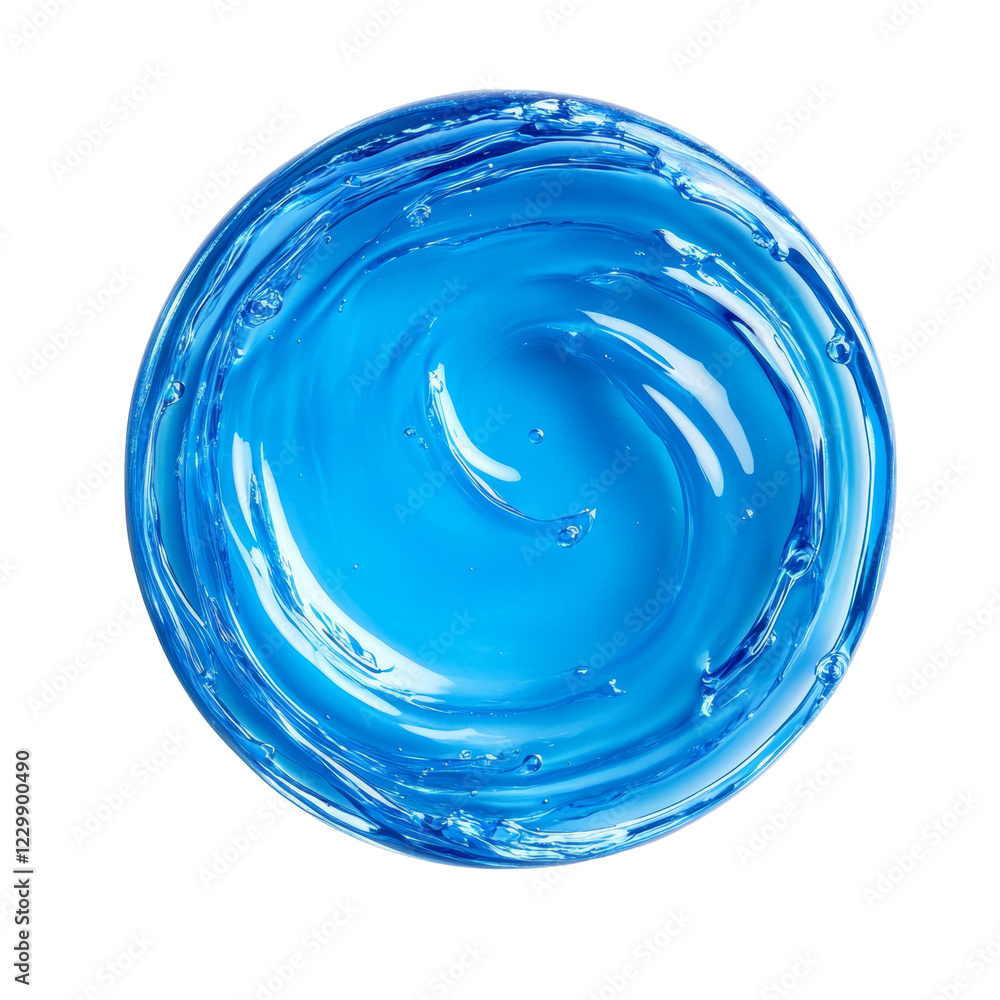 Poster A vibrant blue liquid swirls in a circular pattern against a black background creating an abstract design suitable for cosmetics or beauty product advertising.