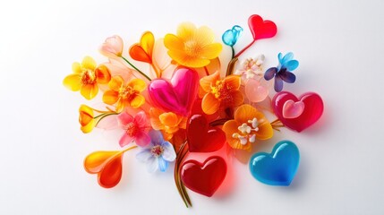 A creative Valentine jelly designed as a romantic bouquet, with heart and floral shapes in vibrant colors, on white