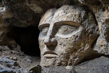 Obraz premium Ancient carved stone face located inside a cave amid rugged terrain in a remote area, showcasing intricate details and artistic skill