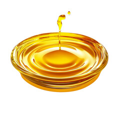 A single golden oil droplet falls into a bowl of oil creating beautiful concentric ripples on the surface.