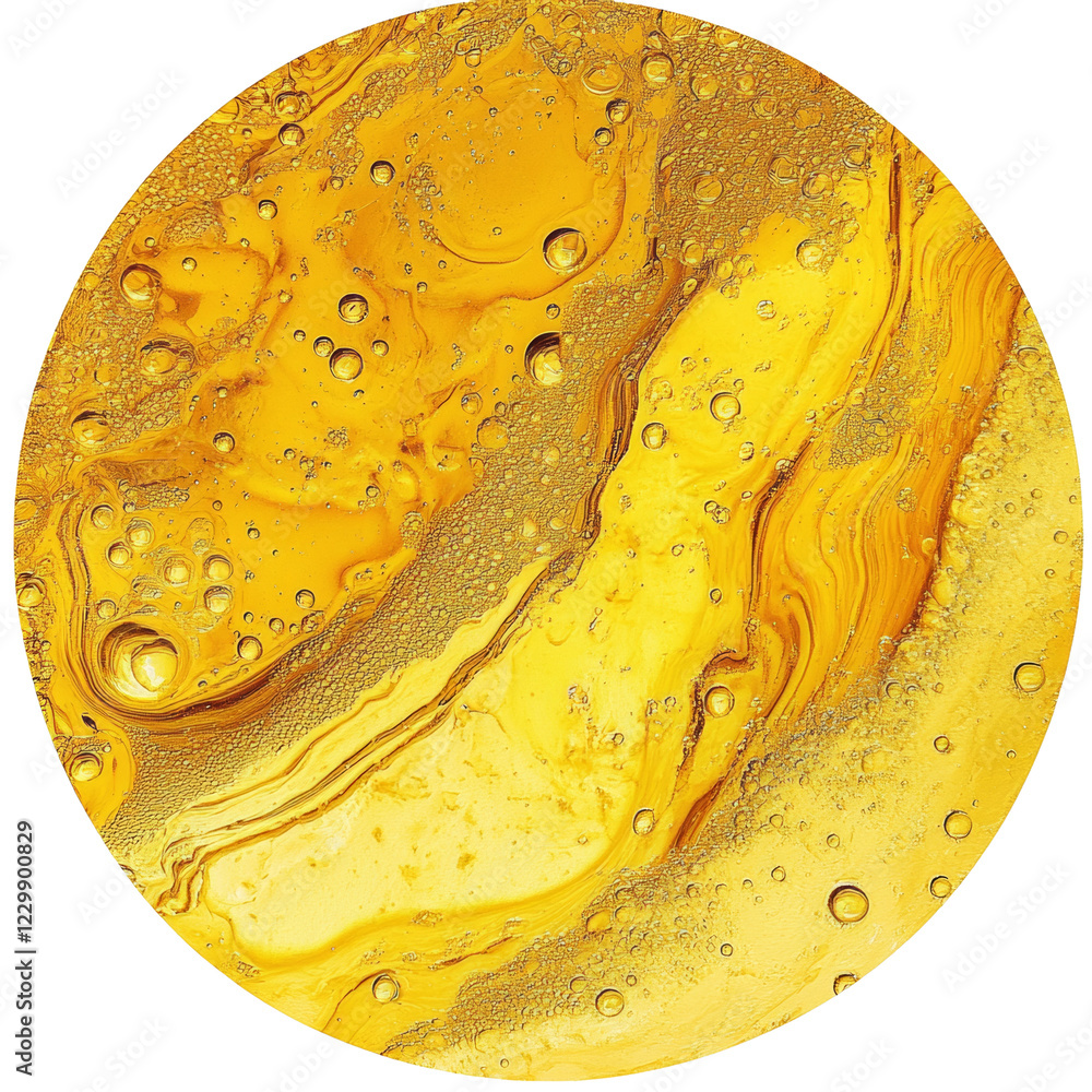 Leinwandbilder A close-up of a circular abstract artwork featuring swirling golden fluid with numerous air bubbles, creating a dynamic and luxurious visual.