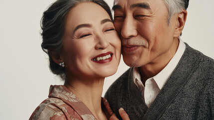 A senior couple embraces with warm smiles, radiating love and happiness. Their deep connection and laughter symbolize a lifetime of affection and devotion. Perfect for themes of lasting love.