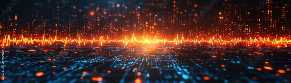 Poster dark background illuminated by vibrant orange and blue lights creating a dynamic visual effect