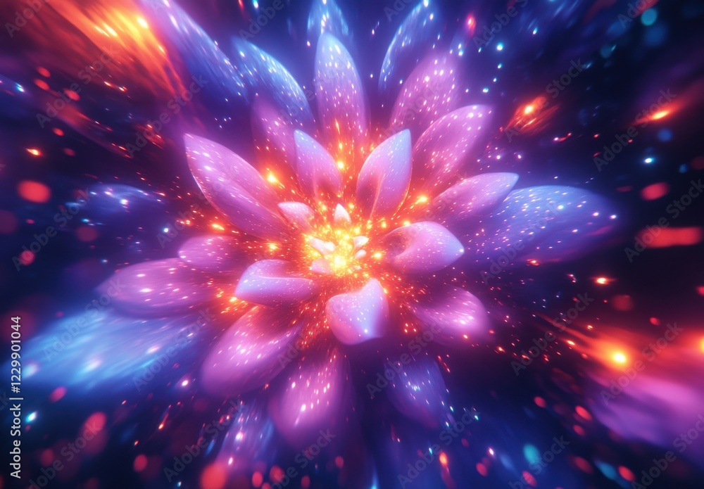 Poster vibrant abstract flower explosion in a multicolored universe with glowing petals and dynamic light p