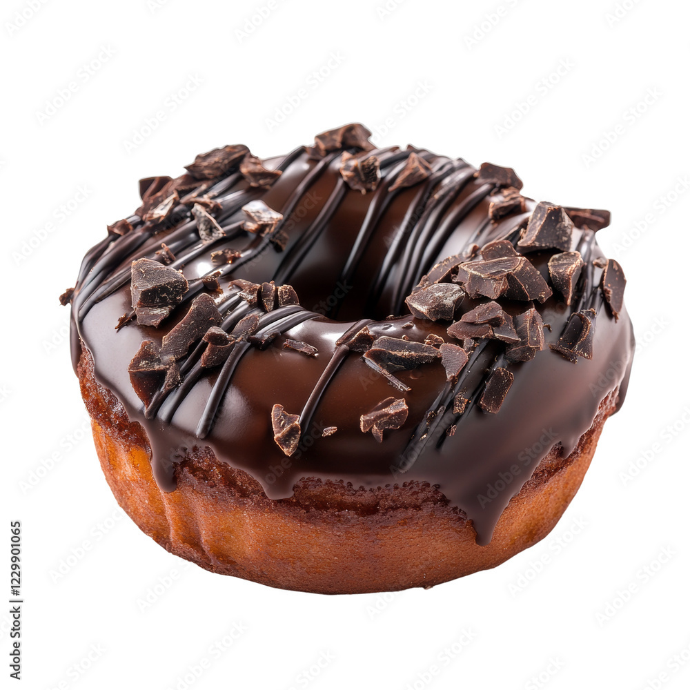 Poster a single chocolate donut is shown with a rich chocolate glaze and chocolate shavings as a topping.