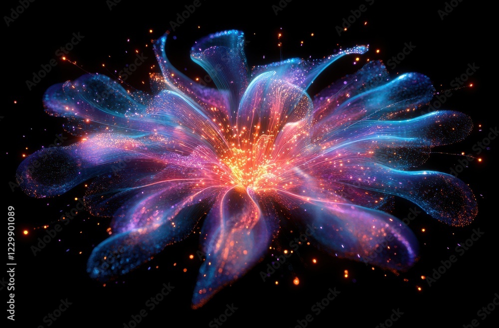 Poster Vibrant Abstract Flower Explosion with Colorful Light Effects and Glowing Particles Creating a Magical Ethereal Atmosphere on a Black Background