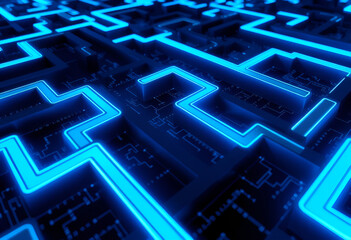 A complex digital maze with glowing blue pathways
