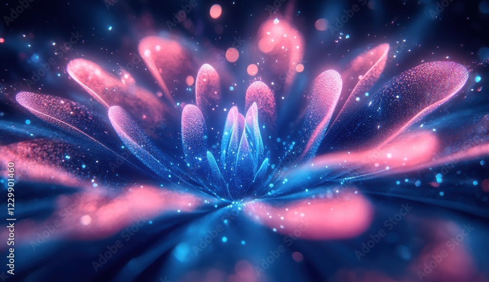 Poster vibrant abstract flower in glowing blue and pink hues with sparkling particles creating a dreamlike 