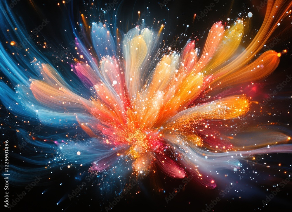 Poster vibrant abstract flower shape with colorful smooth swirls and sparkling light particles on a black b
