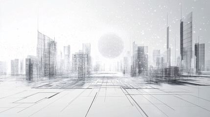 A highly detailed digital wireframe cityscape with futuristic skyscrapers and a glowing sun in the background symbolizing innovation and advanced urban technology  
