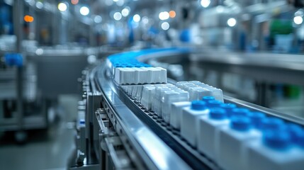 Obraz premium Conveyor belt carrying packaged products in a factory.