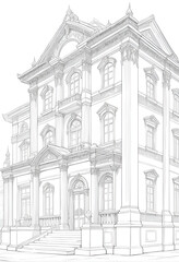 Line art of a classical building with intricate details.