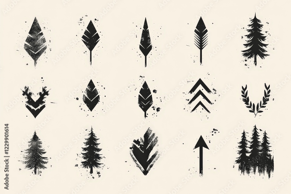 Poster collection of black and white forest-themed graphics featuring various leaf and tree designs on a li
