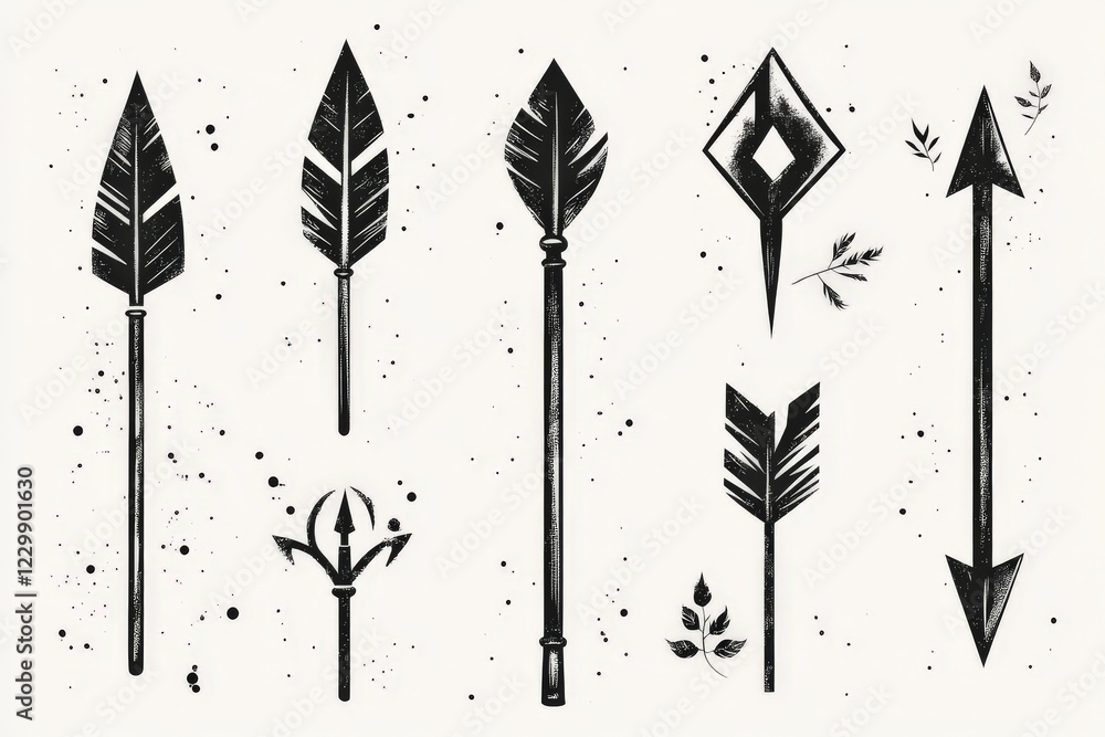 Leinwandbilder unique collection of black arrow designs with detailed feather patterns on a light background