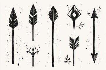 Naklejka premium Unique collection of black arrow designs with detailed feather patterns on a light background