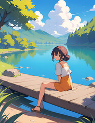 An anime character resting by a calm lake on a bright summer day