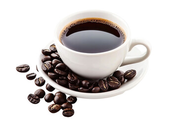 A cup of coffee with a brown mug and a white plate with coffee grounds on it. ,on transparent background.