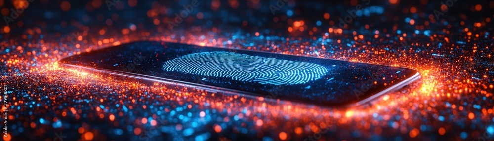 Poster close up of a fingerprint on the screen of a modern smartphone device for biometric security