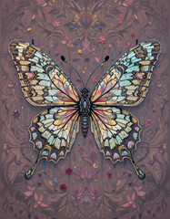 Abstract butterfly with floral patterns spreading across its wings