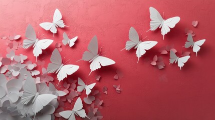 Paper butterflies on pink wall, light, for crafts, decoration, or background