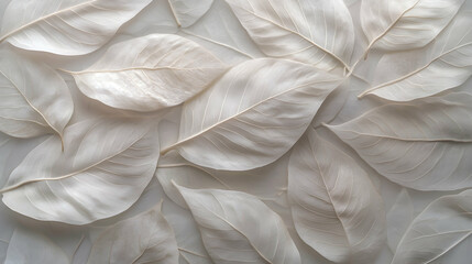 Obraz premium Delicate arrangement of bleached leaves, showcasing intricate leaf veins. Subtle, elegant background for design projects.
